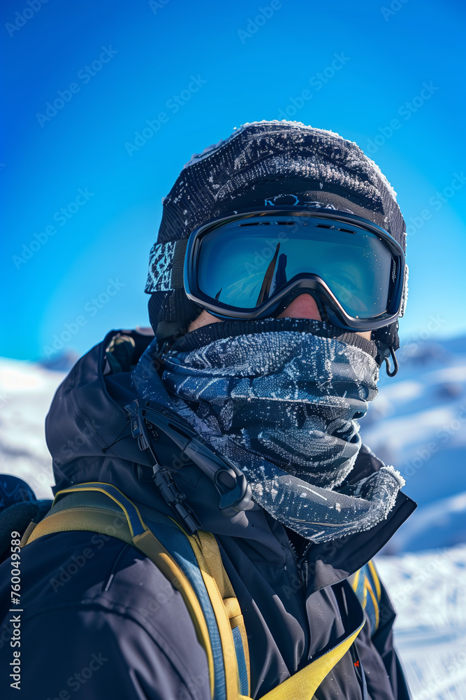A man wearing winter clothes is climbing a snowy mountain. A man wearing winter clothes is climbing a snowy mountain.