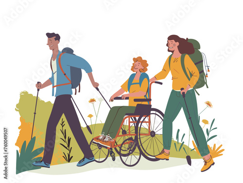  A wheelchair user joins a group hike navigating the trail with the support and encouragement of fellow hikers. 