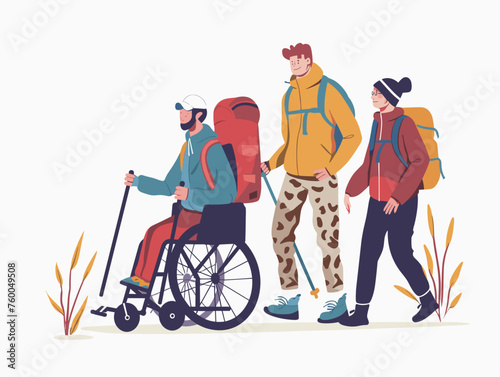  A wheelchair user joins a group hike navigating the trail with the support and encouragement of fellow hikers. 