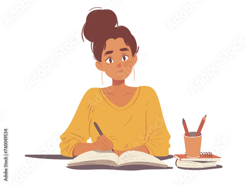  A writer sits at a desk with an open notebook pen poised at the ready. 