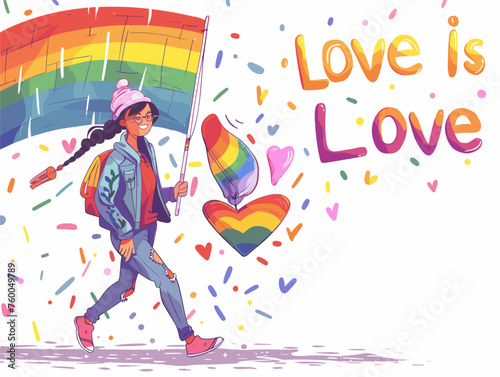  A young person proudly marches in a Pride parade holding a sign that reads "Love is Love" in rainbow lettering. 