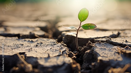 The unstoppable force of nature as a plant emerging out of a dry groud with cracks as a success metaphor and motivation symbol.


