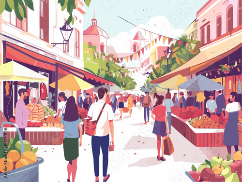  Tourists explore a bustling city market the air filled with the sweet scent of fresh summer fruits. 