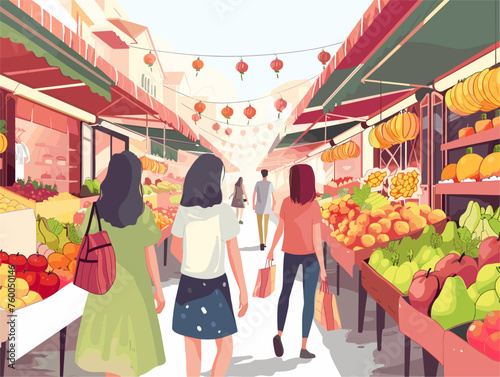  Tourists explore a bustling city market the air filled with the sweet scent of fresh summer fruits. 