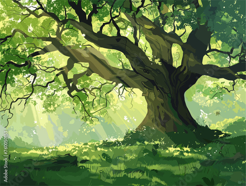  Sunlight filters through the leaves of a majestic oak tree casting dappled shadows on the forest floor below. 