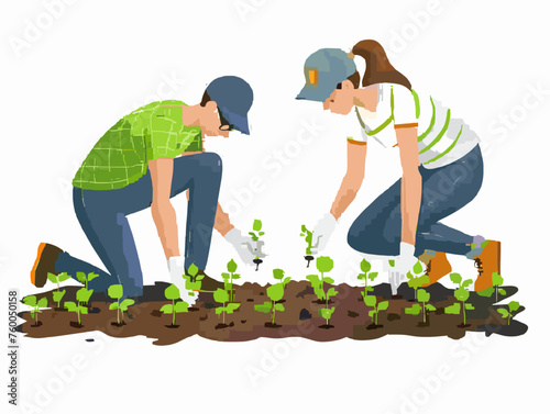  Two gardeners backs bent in unison plant rows of vibrant seedlings in a freshly tilled patch of earth. 