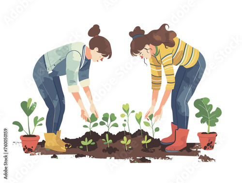  Two gardeners backs bent in unison plant rows of vibrant seedlings in a freshly tilled patch of earth. 