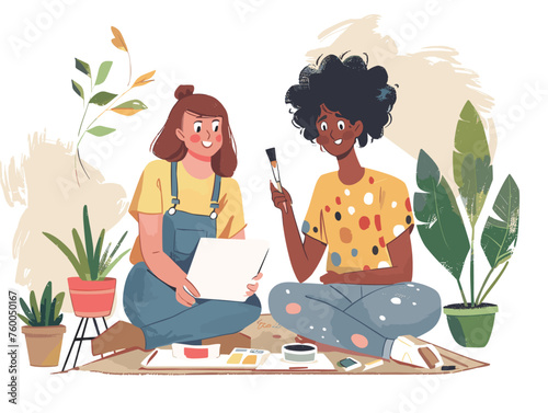  Two friends paint together in a creative space expressing their emotions through art as a form of self-care and stress relief. 