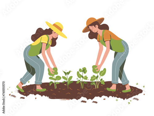  Two gardeners backs bent in unison plant rows of vibrant seedlings in a freshly tilled patch of earth. 