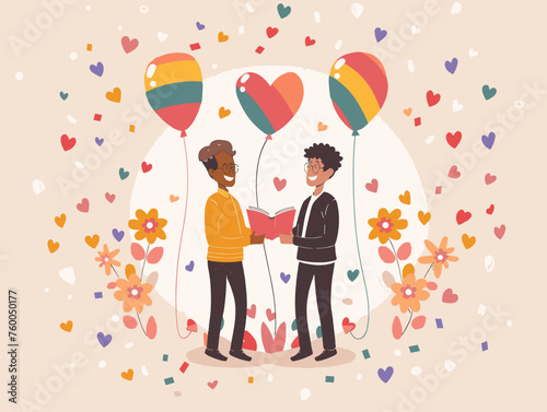  Two individuals exchange wedding vows celebrating their love and commitment in a ceremony officiated by someone who identifies within the LGBTQ+ community. 