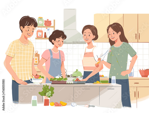  Young adults gather in a kitchen helping their mother prepare a special meal for the family celebration. 