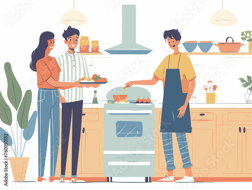  Young adults gather in a kitchen helping their mother prepare a special meal for the family celebration. 