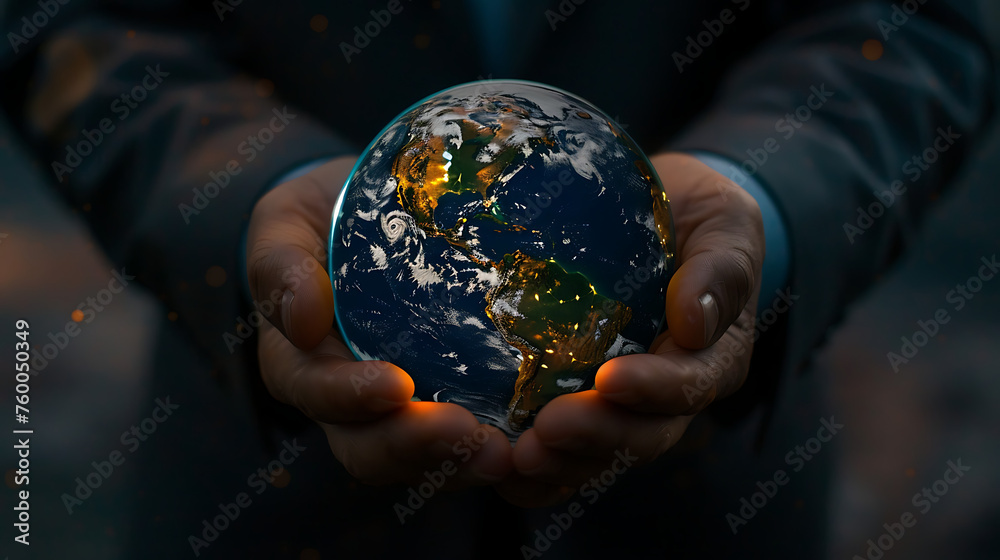 Fototapeta premium a pair of hands cradling a luminous globe, symbolizing care and guardianship over our planet.