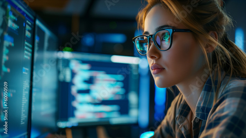 Caucasian female programmer working, coding computer program in office.