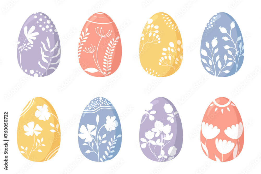 Set of eight vector Easter eggs in pastel colours with floral ornament in flat style. Set of eight vector Easter eggs in pastel colours with floral ornament in flat style.