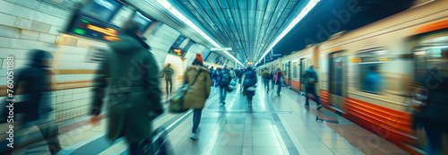 Blurred image of people walking at subway station.