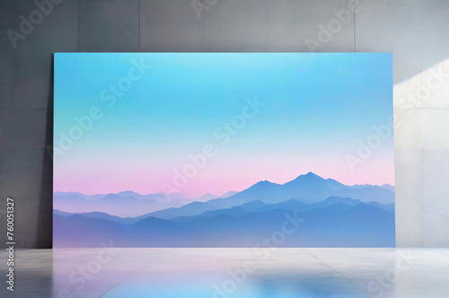 Large painting of a mountain landscape at dawn on the floor against a wall indoors.  AI generative. © ROMAN DZIUBALO