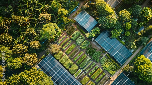 Vibrant Solar Panels and Green Crops in a Metropolitan Agricultural Concept