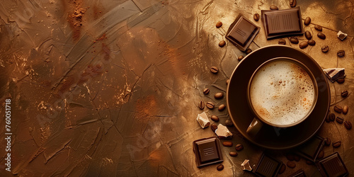 Cup of latte coffee with chocolate pieces and coffee beans on a brown background. Horizontal banner with a cup of coffee and free space for text. Raster bitmap digital illustration.  photo