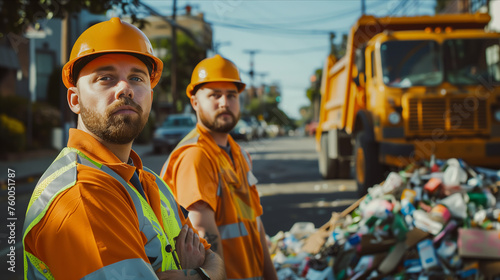 A team of Caucasian male garbage collectors is helping to collect trash in the city.