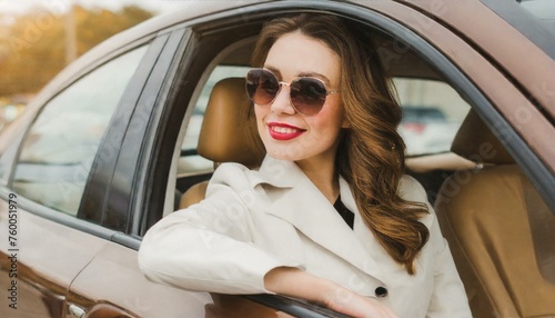 Stylish female model wearing a white trench coat and sunglasses sits in a brown luxury car, luxury style © Marko
