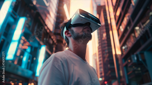 Selective focus of Young Caucasian man uses VR in virtual reality game in technology city.