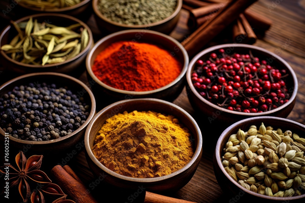 Various aromatic spices being carefully measured out in small bowls for cooking preparation