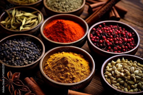Various aromatic spices being carefully measured out in small bowls for cooking preparation