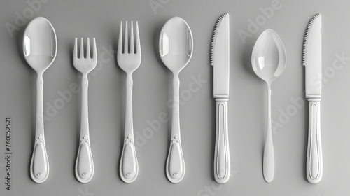 3d illustration of kitchenware, cutlery. Realistic plastic kitchen utensils, serving set. Mockup of flatware for picnic lunches, cafe menus, restaurants, and hotels.