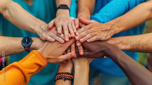 A stack of hands showing unity and teamwork between friends.