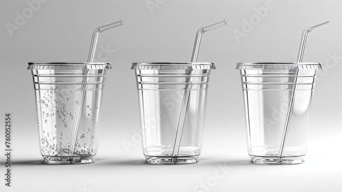 An empty clear plastic disposable cup with a straw set closeup isolated on white. Design template for packaging mockups - milkshakes, tea, fresh juice, lemonades etc. photo