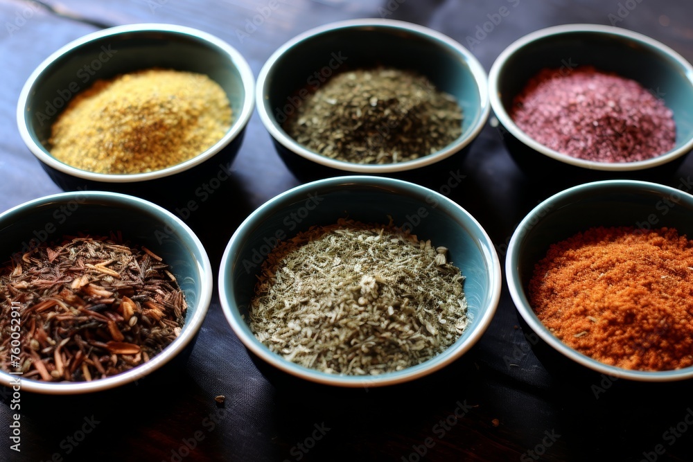 Variety of aromatic spices being measured out in small bowls for cooking preparation process Variety of aromatic spices being measured out in small bowls for cooking preparation process