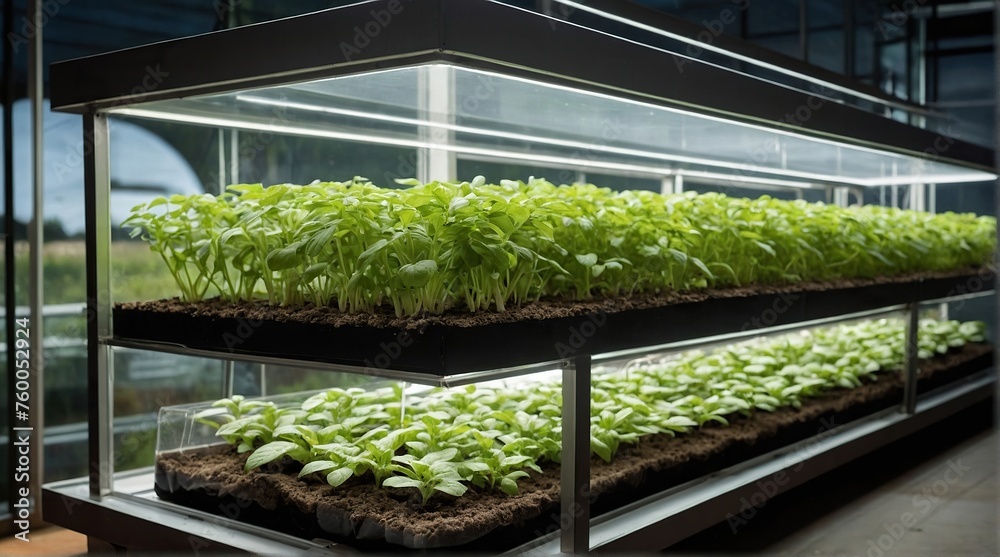 Hydroponics. Rows of seedlings in a greenhouse.