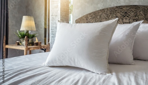 White pillow case mockup template. Blank soft pillow on the bed in bedroom