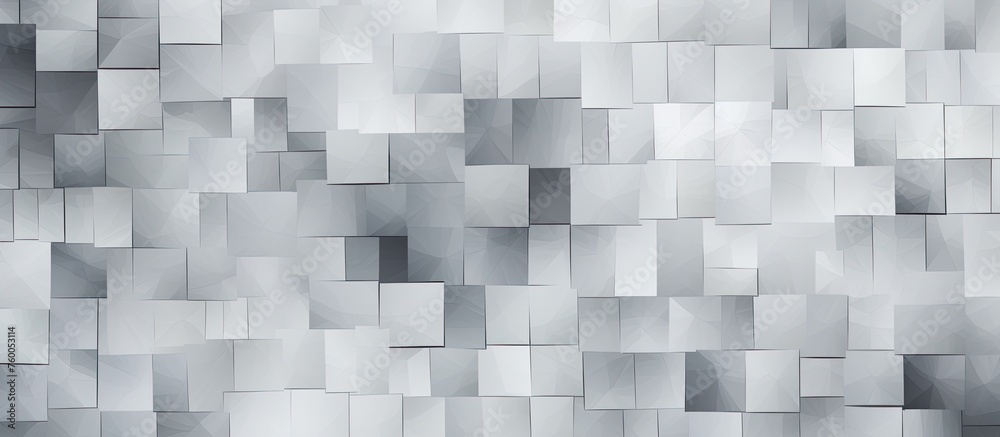 A closeup of a grey brick wall with rectangular patterns made of composite material. The symmetry and texture create a visually striking building facade - obrazy, fototapety, plakaty 