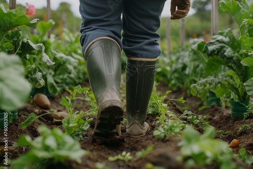 farmer in gumboots walking  a farmer walking in the garden  a farmer working on the farm  a farmer in the garden closeup  garden with farmer closeup