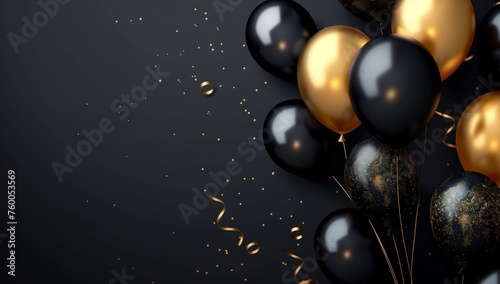 Elegant Black and Gold Balloons with Golden Confetti - A Luxurious Celebration of Festivity and Glamour
