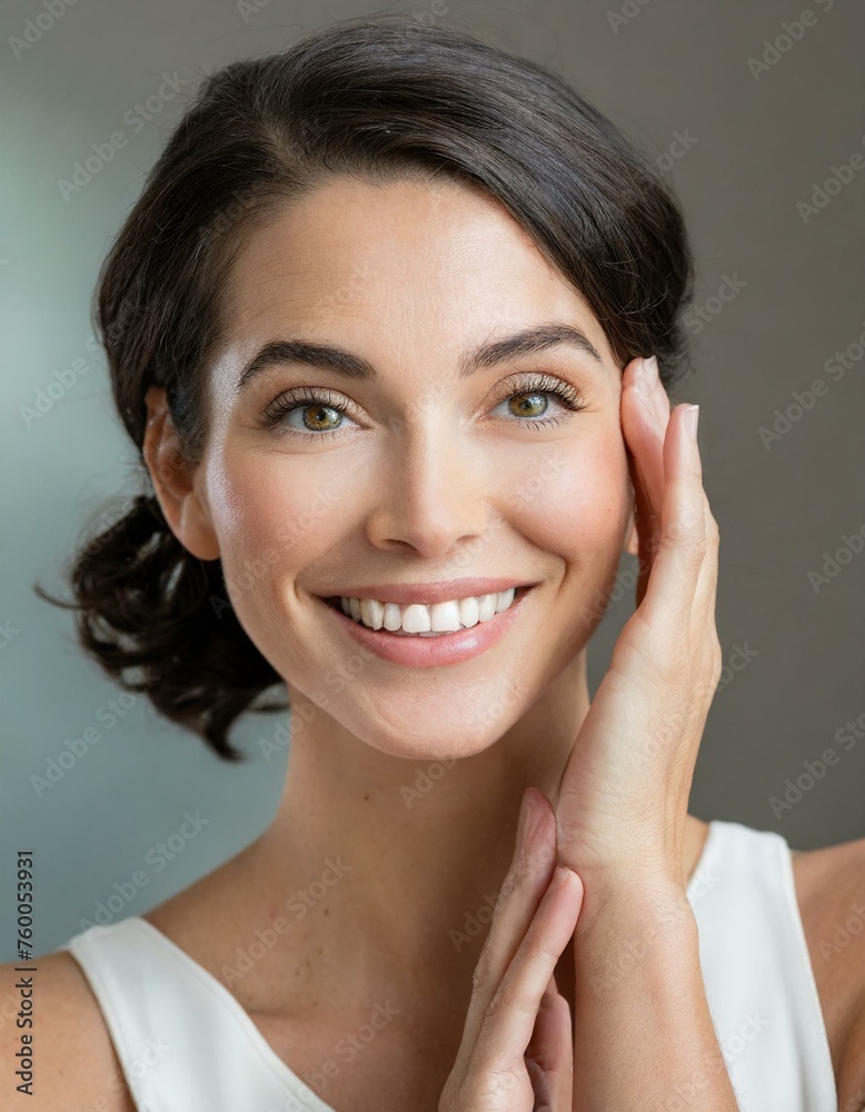 Smiling woman with a hand gently touching her face, displaying clear skin and a joyful expression Smiling woman with a hand gently touching her face, displaying clear skin and a joyful expression