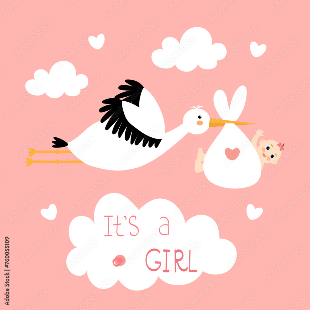 White stork carrying a cute baby. It's a girl, quote. Stork in sky with baby. Design template for greeting card. Vector illustration, flat style.