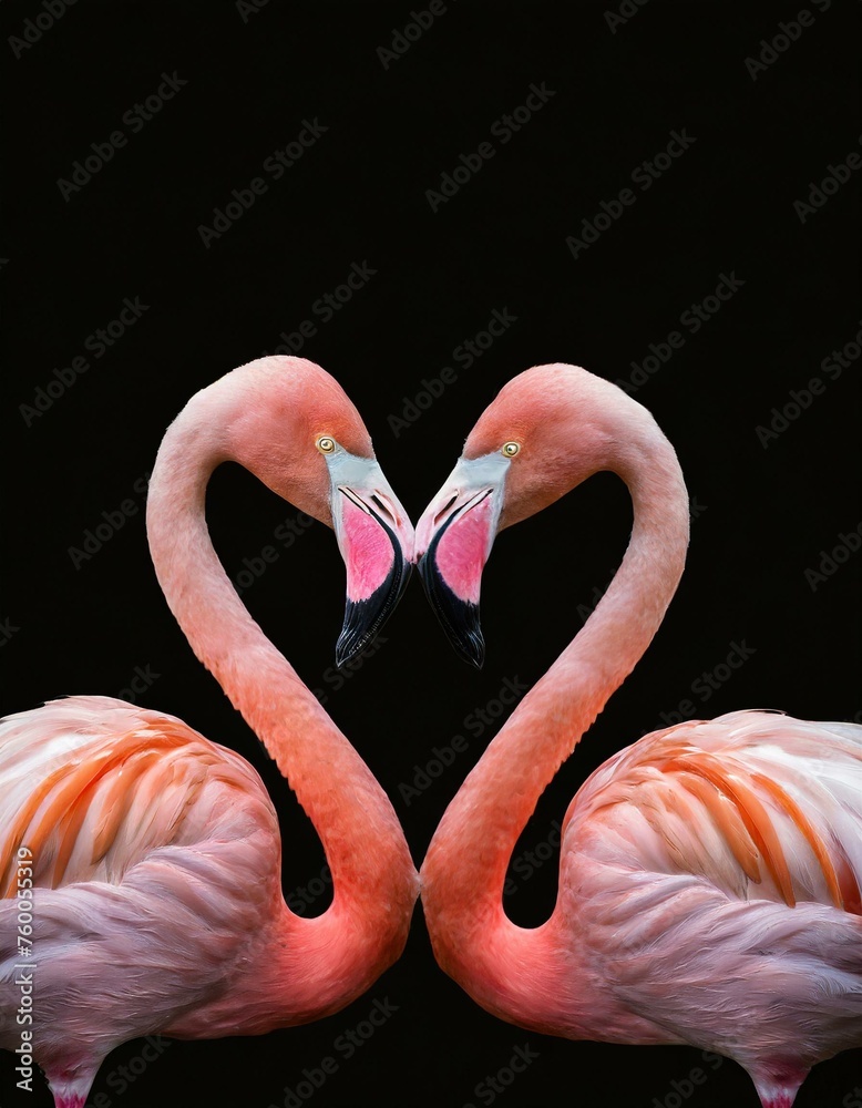 Naklejka premium Two pink flamingos forming heart shape with their necks on black background