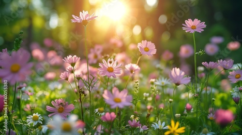  a field of pink and yellow daisies with the sun shining through the trees in the background.