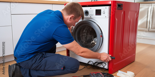 A technician wearing blue workwear and red gloves is repairing the washing machine in an apartment