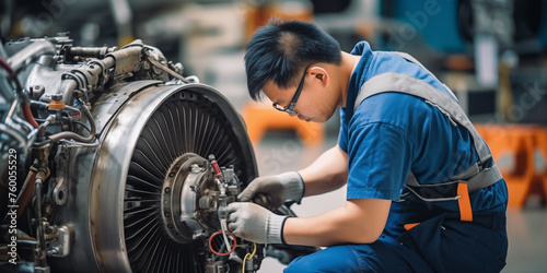 An engineer in blue overalls is repairing the engine of an airplane, working on engine of Aeroplan