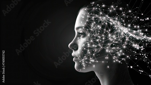 Realistic Artificial intelligence. Computer mind connections head. Human 3D head with circuit board inside. Engineering concept. Technology web background. Virtual concept