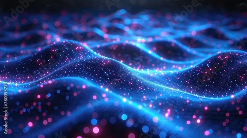 Futuristic data techno wave on dark background. Colored pattern of connection dots and lines. Virtual big data digital code. Technology or Science Banner.