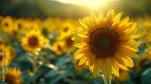 A Sunflower's Close-Up Amidst a Sunflower Field