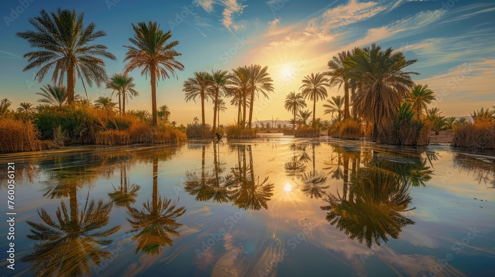 Illusive oasis with palms and shimmering water unfolds in the desert, a mirage by the blazing sun