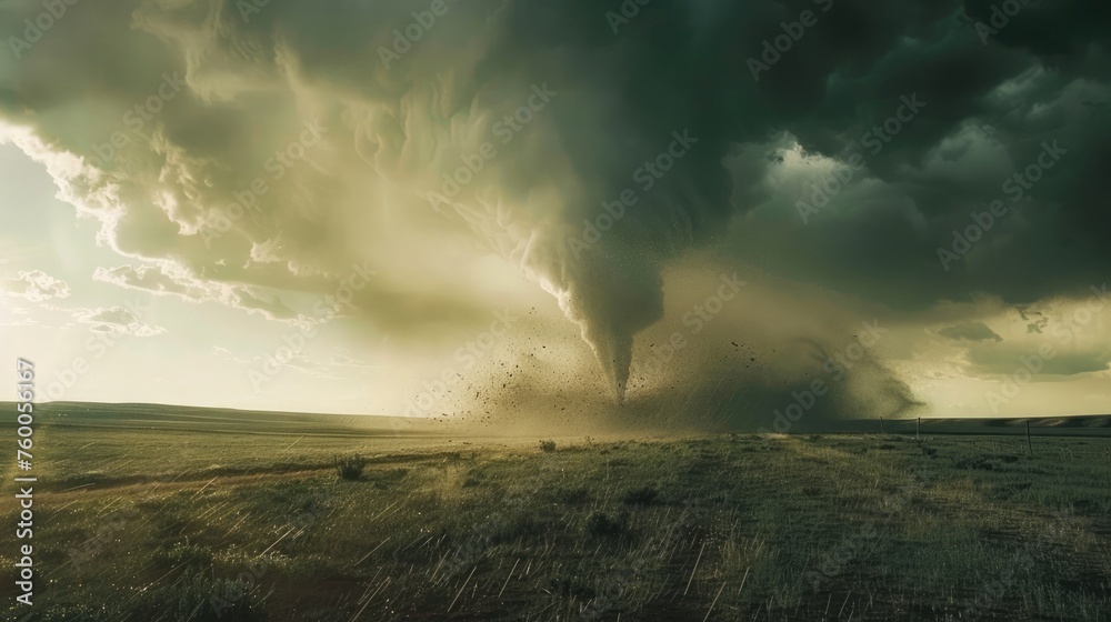 Vast twister carves through the plain, debris caught in violent dance, sunlight graces its edge Vast twister carves through the plain, debris caught in violent dance, sunlight graces its edge