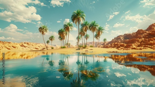 Blazing sun casts a surreal mirage of an oasis with palms and water in the desert's heart © cvetikmart