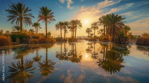 Illusive oasis with palms and shimmering water unfolds in the desert, a mirage by the blazing sun